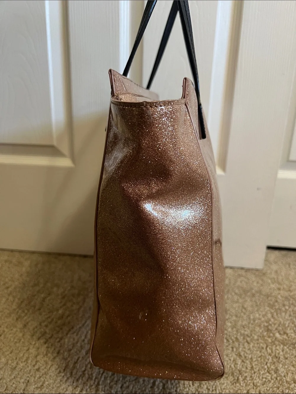 Kate Spade Rose Gold Glitter Tote with Black Bow and Black Handles